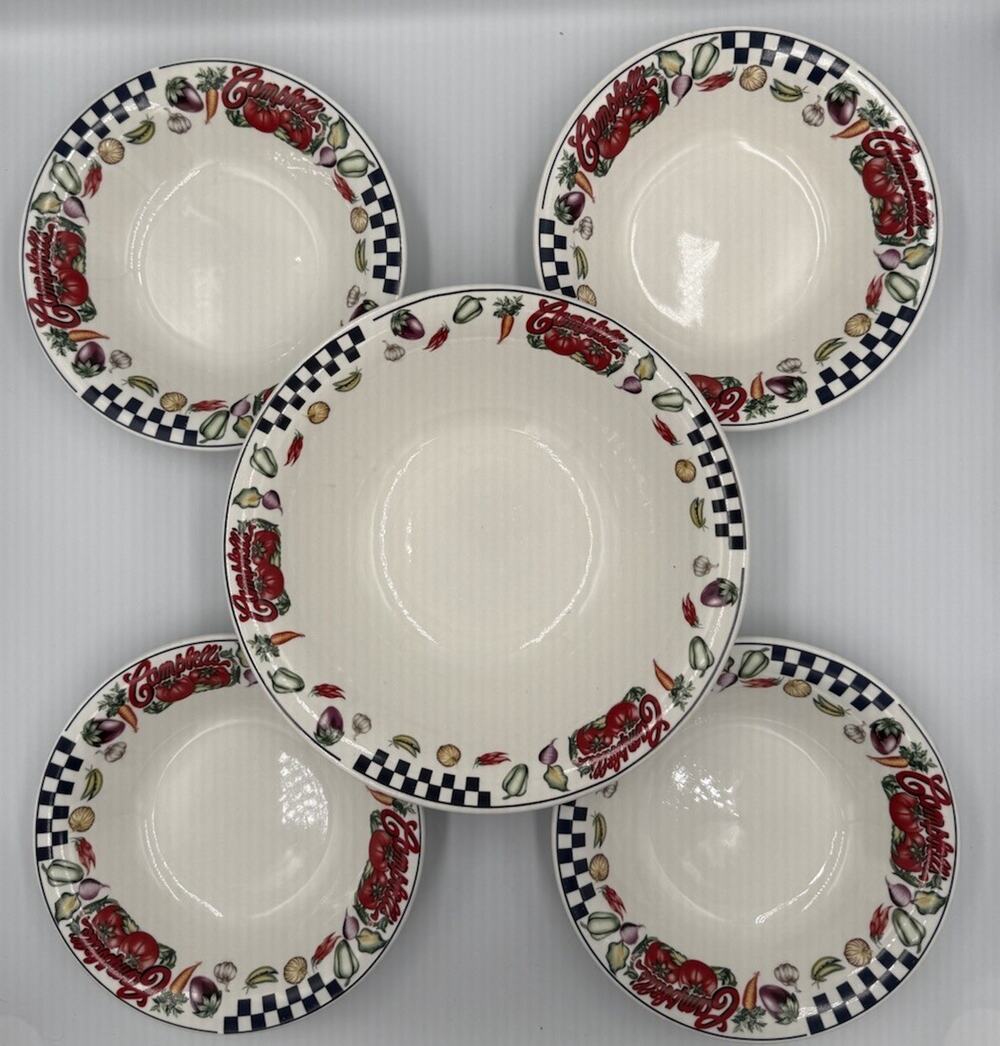Campbell's Soup 10" VEGETABLE/SOUP SERVING BOWL & 4- SOUP BOWLS ~ EUC~1997
